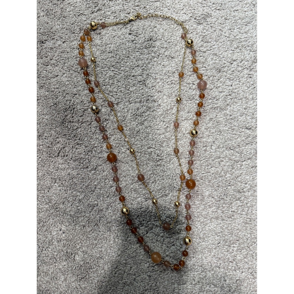 Talbots Layered‎ Gold Tone Beaded Necklace Amber Mauve Resin Beads Adjustable